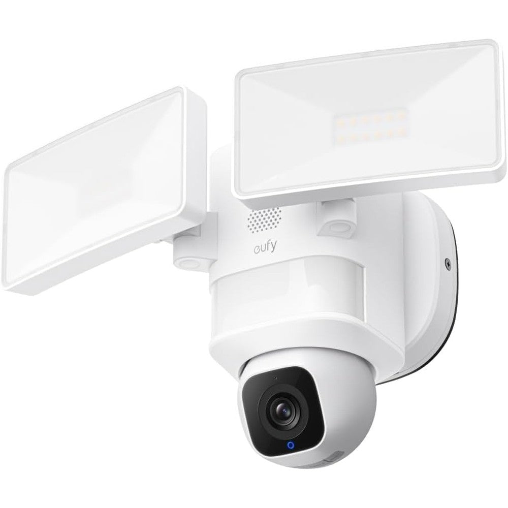 Eufy Security Floodlight Camera E30 front view showing dual white LED panels and smart tracking lens