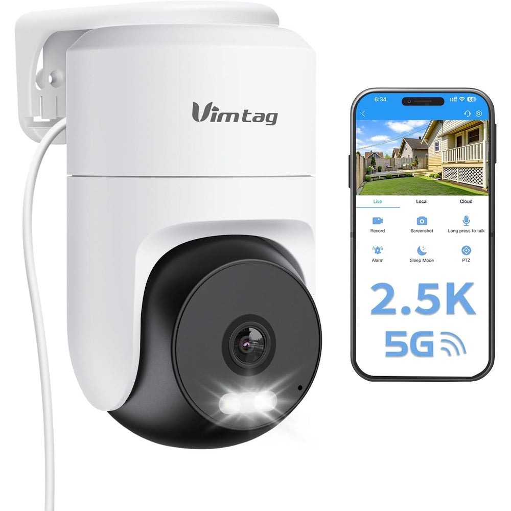 Vimtag 2.5K outdoor security camera front view showcasing sleek white weatherproof housing and premium lens