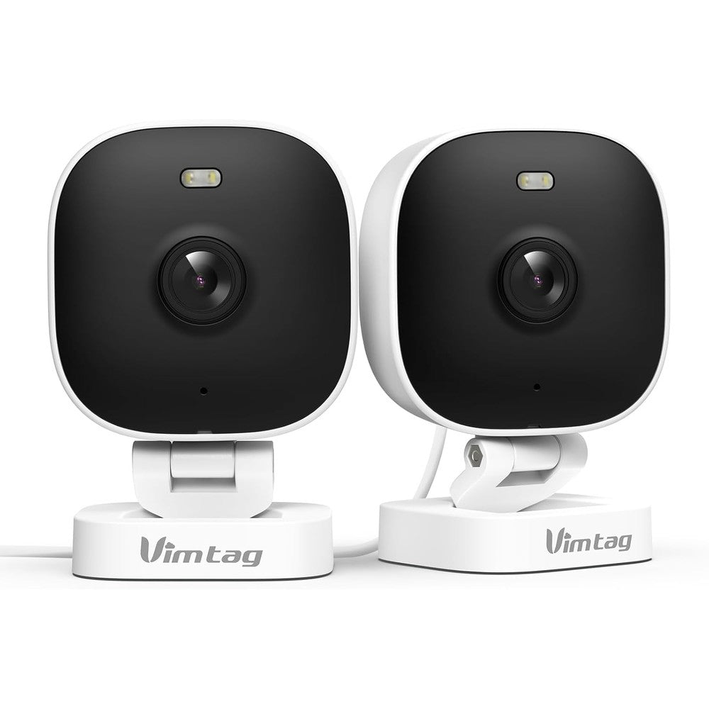 Vimtag 2.5K home security camera front view showcasing dual white and black outdoor wireless CCTV design
