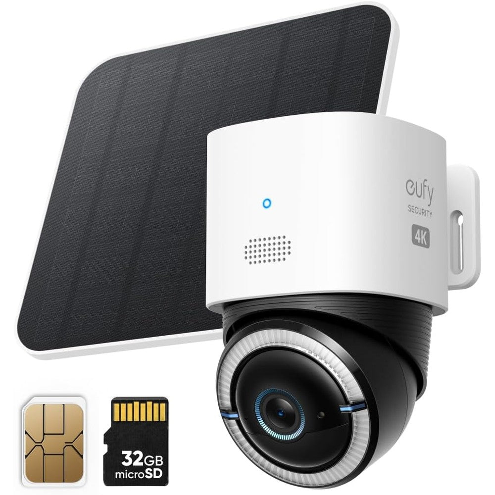 Eufy Security 4G LTE Cam S330 front view showcasing the outdoor 4K cellular solar camera lens and compact housing design.