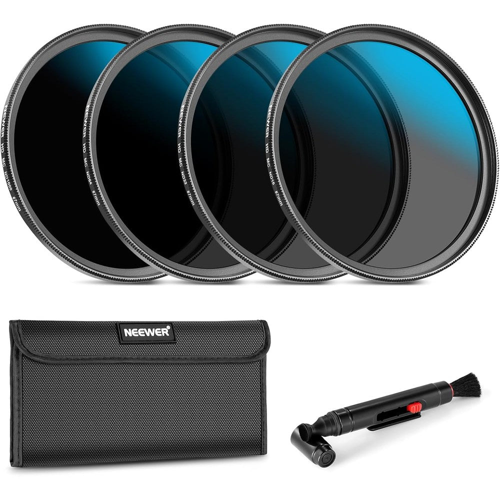 Neewer 67mm ND Lens Filter Set front view with camera accessories