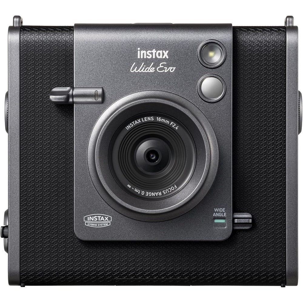 Fujifilm INSTAX Wide Evo instant film camera front view showing the textured black finish and wide-angle lens.