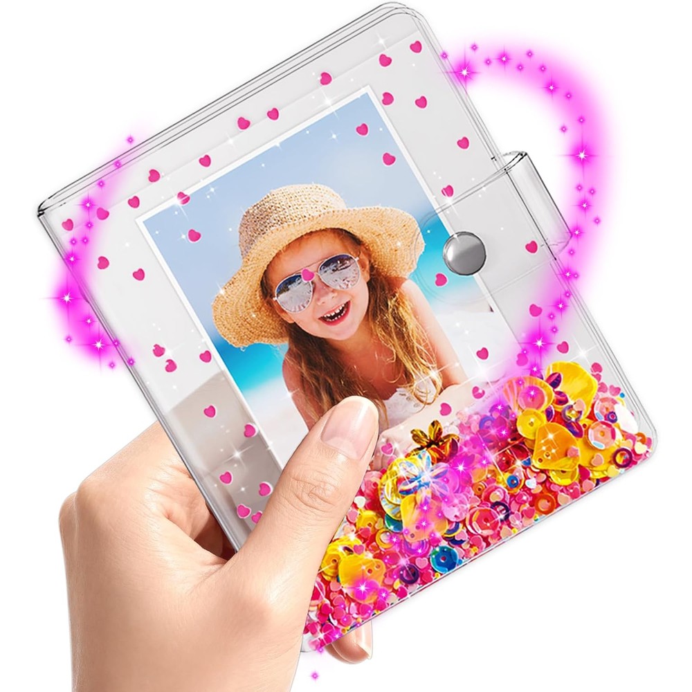 Aocii small photo album front view showing clear pink glitter cover with floating stars