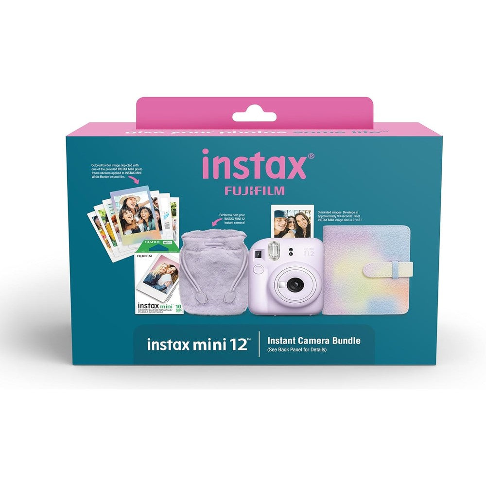 Fujifilm INSTAX Mini 12 Purple Holiday Bundle front view featuring the lilac purple instant camera and bundled accessories.