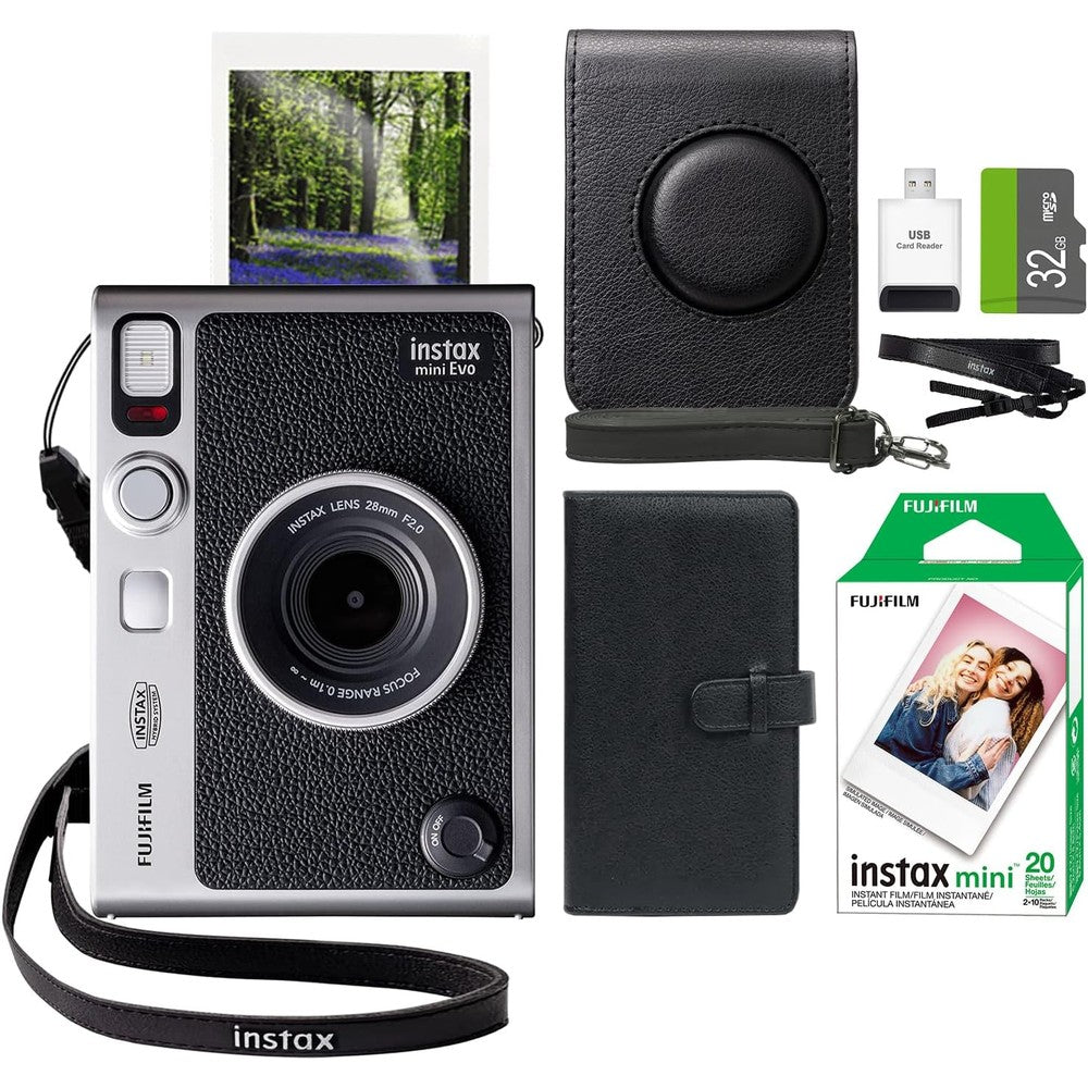 Fujifilm Instax Mini Evo hybrid instant camera front view showing retro black design and lens