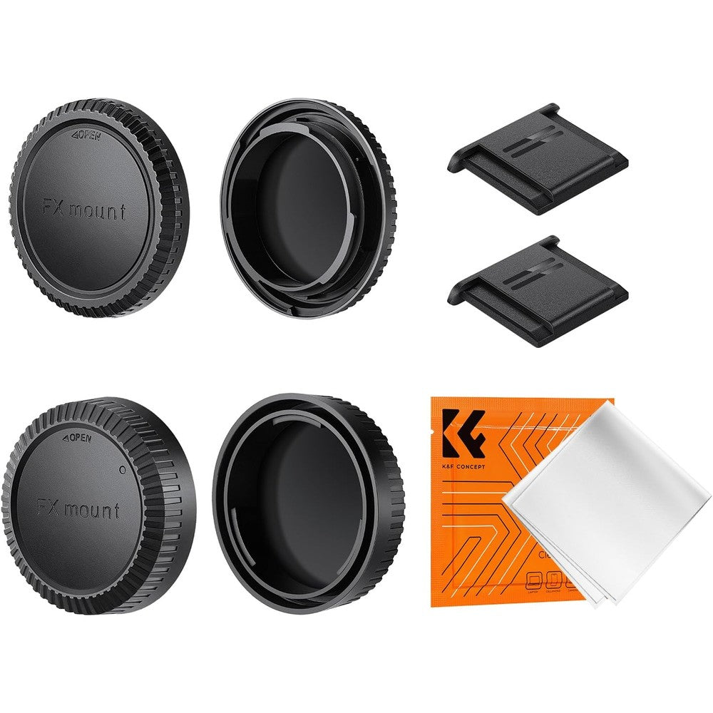 K&F Concept Fujifilm X mount body cap and rear lens cap kit front view layout on studio background