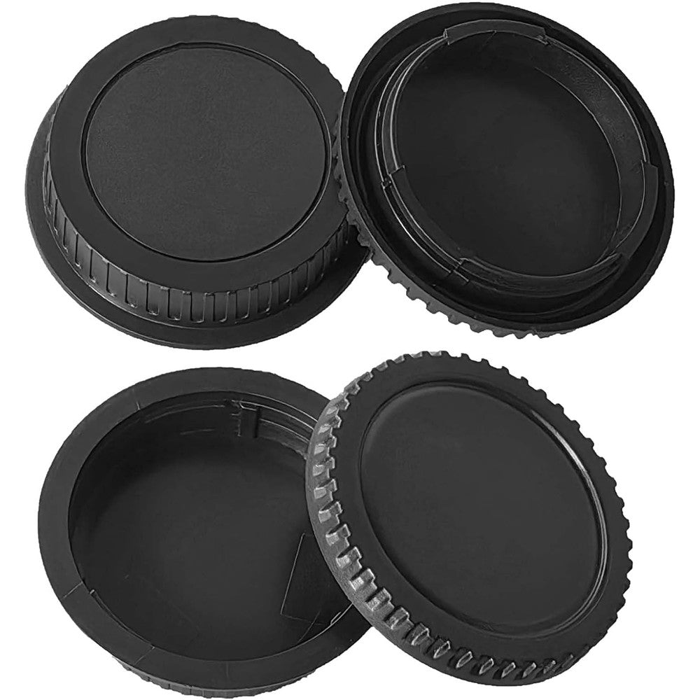 Generic front body cap and rear lens cover set laid out on a clean surface showing the interior camera mount grooves.