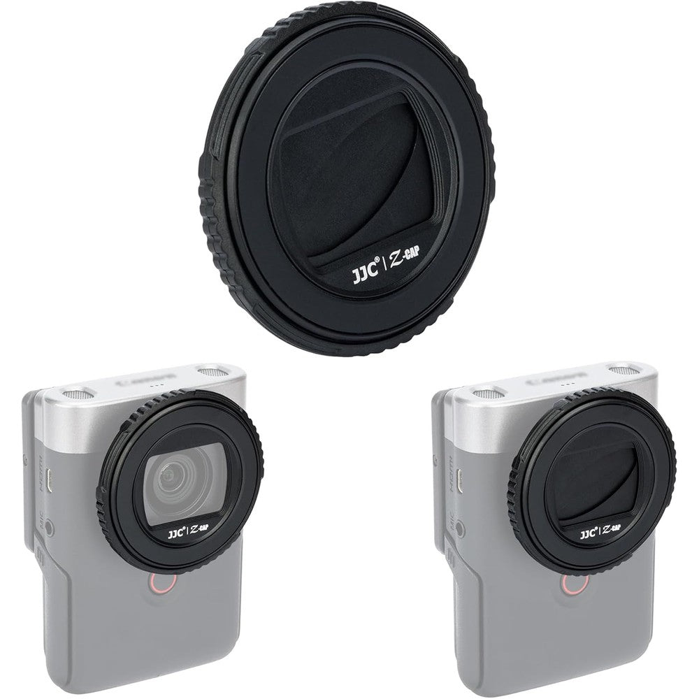 JJC V10 Lens Cap Cover front view mounted on a Canon PowerShot camera