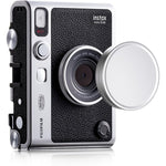 Rieibi aluminum lens cap for Fujifilm Instax Mini Evo front view showing premium silver metallic finish.