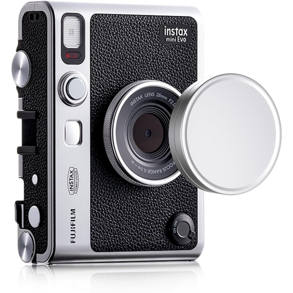Rieibi aluminum lens cap for Fujifilm Instax Mini Evo front view showing premium silver metallic finish.