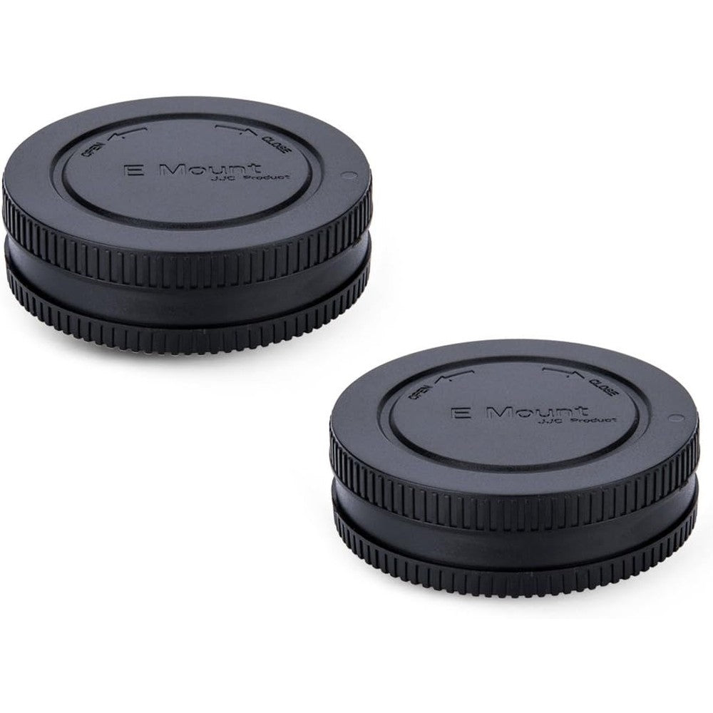 JJC Sony E mount camera body cap and rear lens cap front view protecting camera sensor
