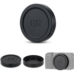 JJC aluminum lens cap for Ricoh GR IV front view showing metallic finish