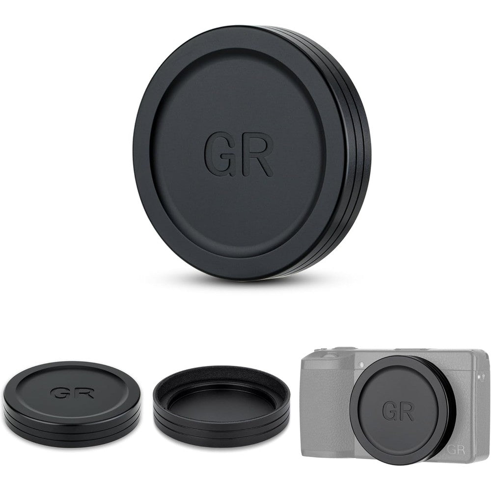 JJC aluminum lens cap for Ricoh GR IV front view showing metallic finish