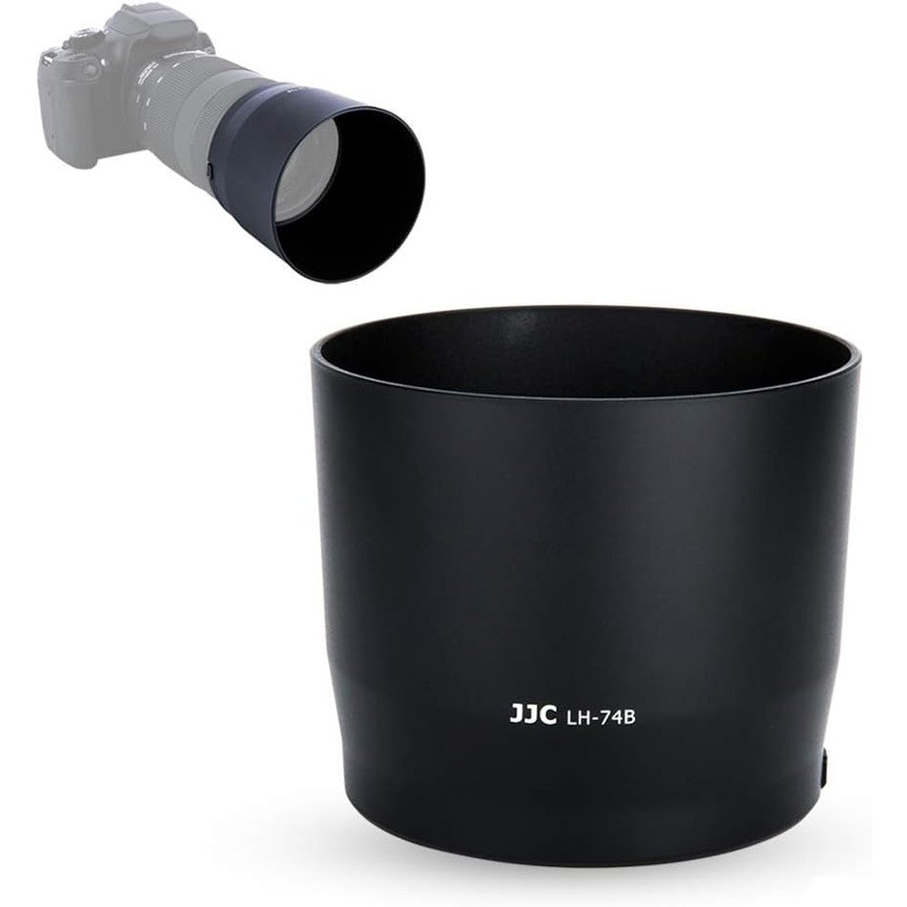 JJC ET-74B lens hood attached to Canon telephoto lens front view