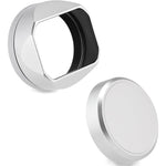 Haoge silver square metal lens hood attached to a Fujifilm X100 series camera front view