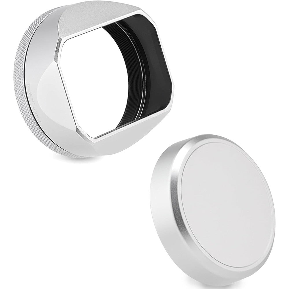Haoge silver square metal lens hood attached to a Fujifilm X100 series camera front view