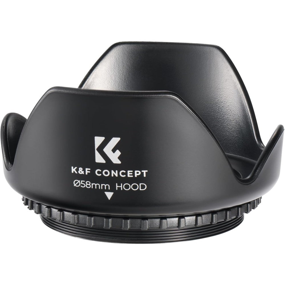 K&F Concept 58mm Tulip Flower Lens Hood front view attached to camera