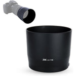 JJC LH-74B lens hood attached to Canon telephoto lens front view