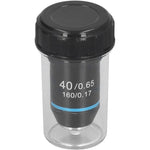 Fafeicy forty times magnification achromatic microscope objective lens front view showing chromed finish and thread details.