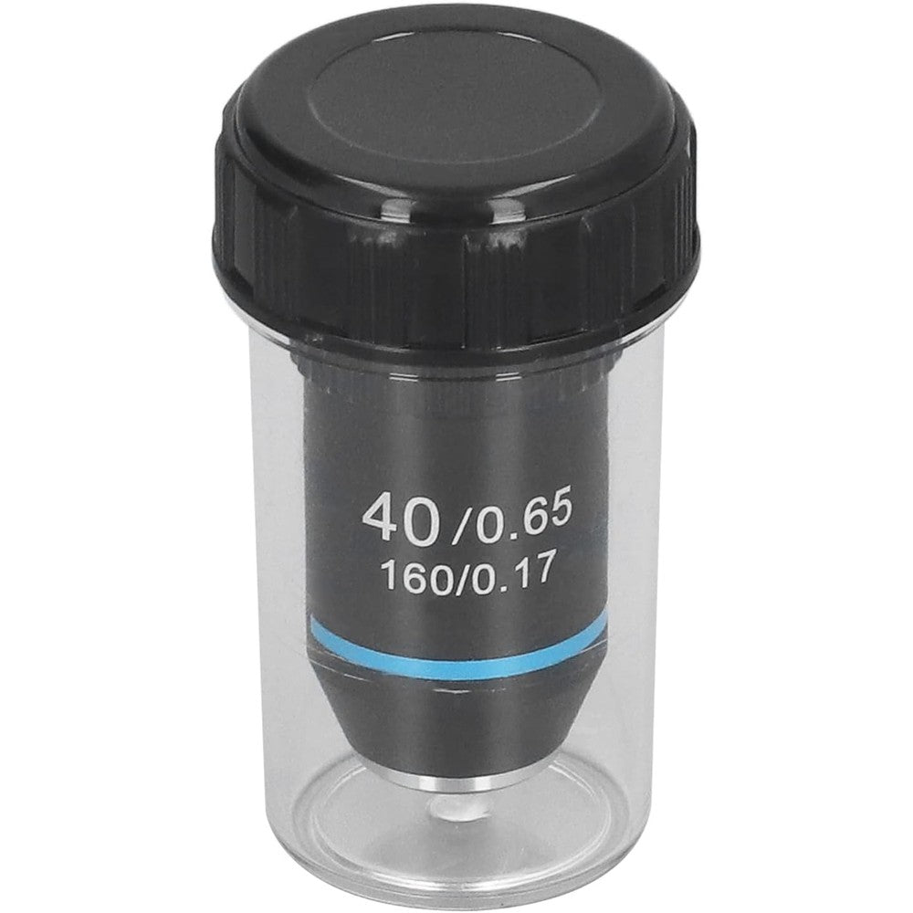 Fafeicy forty times magnification achromatic microscope objective lens front view showing chromed finish and thread details.