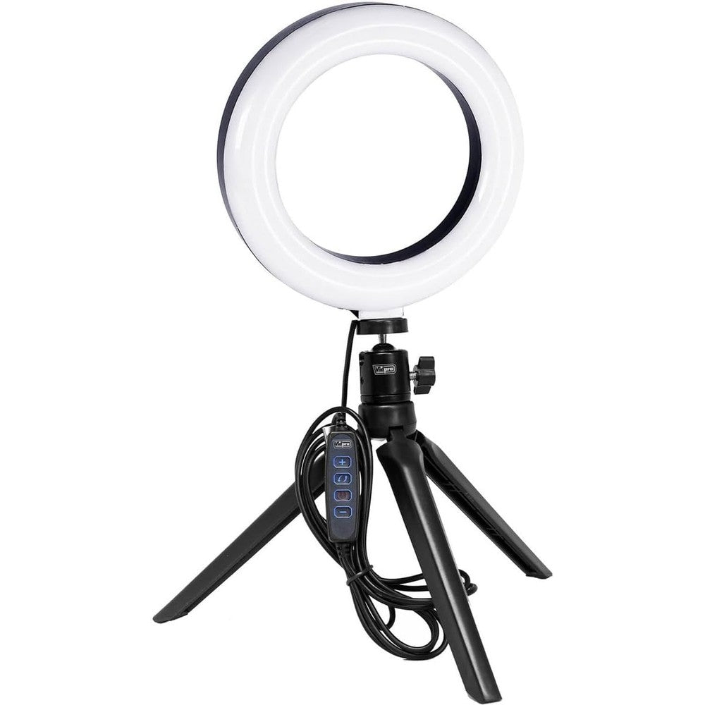 Vidpro RL-6 LED ring light kit front view showcasing the 6 inch dimmable light ring setup