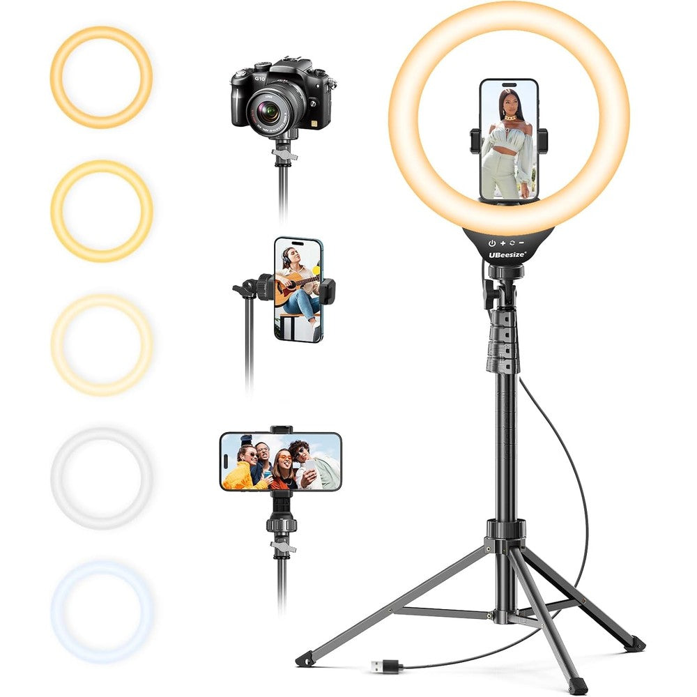 UBeesize twelve inch selfie ring light front view showing illuminated LED ring and phone mount