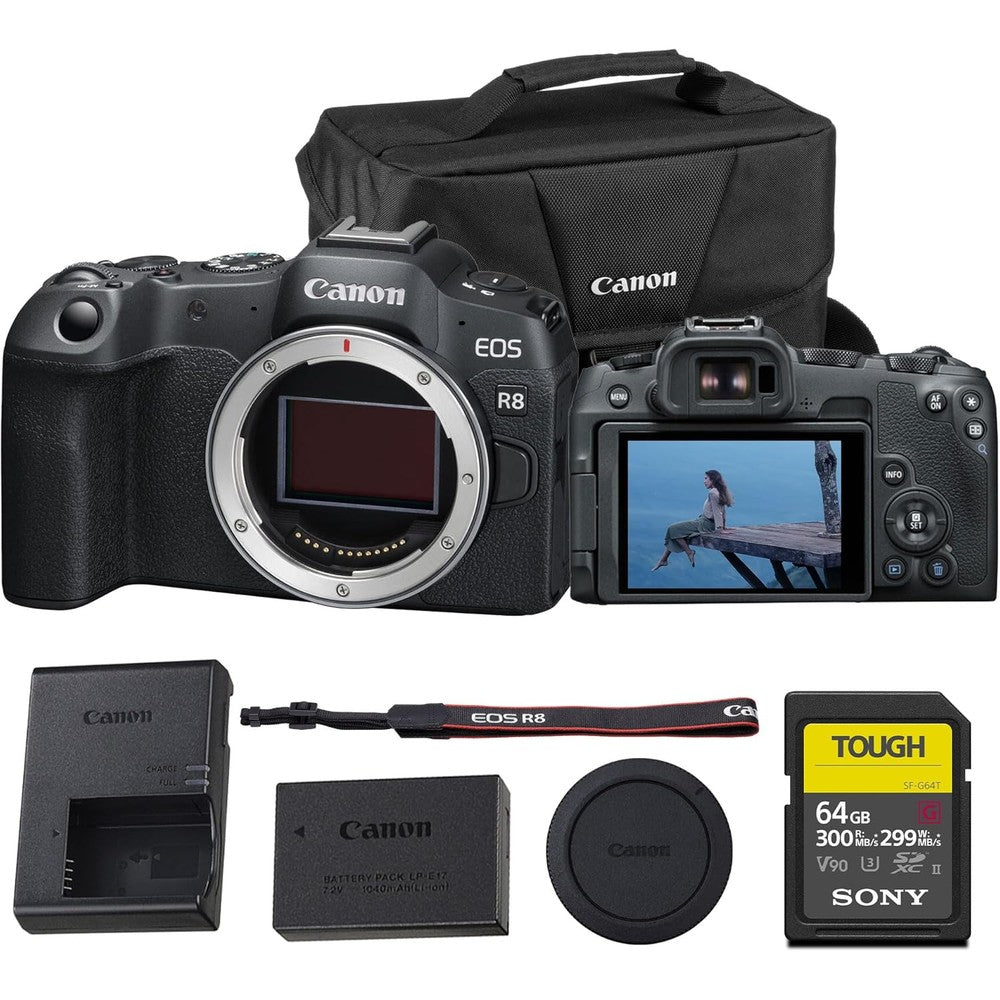 Canon EOS R8 Full-Frame Mirrorless Camera front view showcasing the premium lightweight body and lens mount