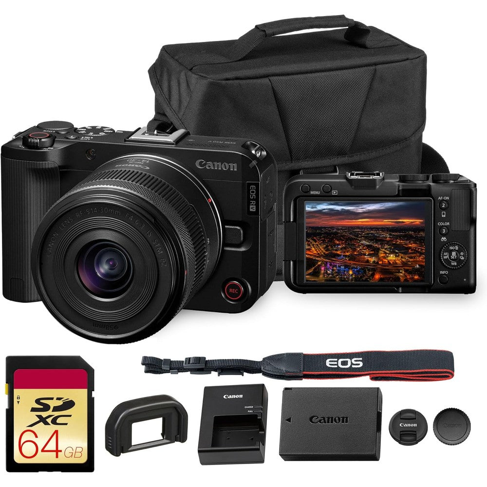 Canon EOS R50 V mirrorless digital camera kit front view with wide angle lens
