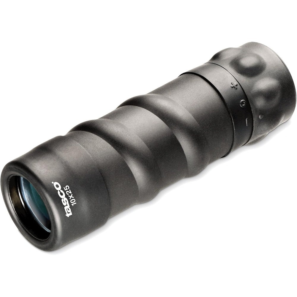 Tasco Essentials 10x25 Compact Roof Prism Monocular black front view for outdoor sports.