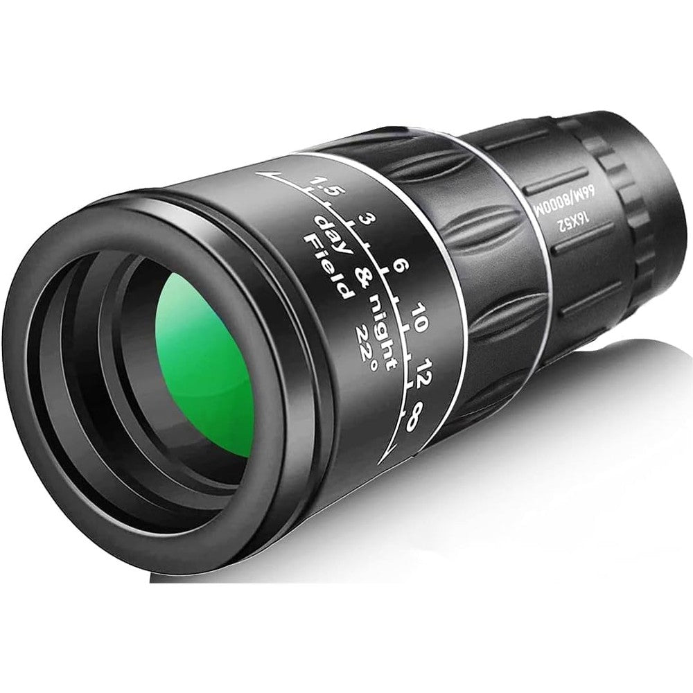 Pankoo high powered 16x52 monocular telescope front view highlighting the fifty-two millimeter objective lens