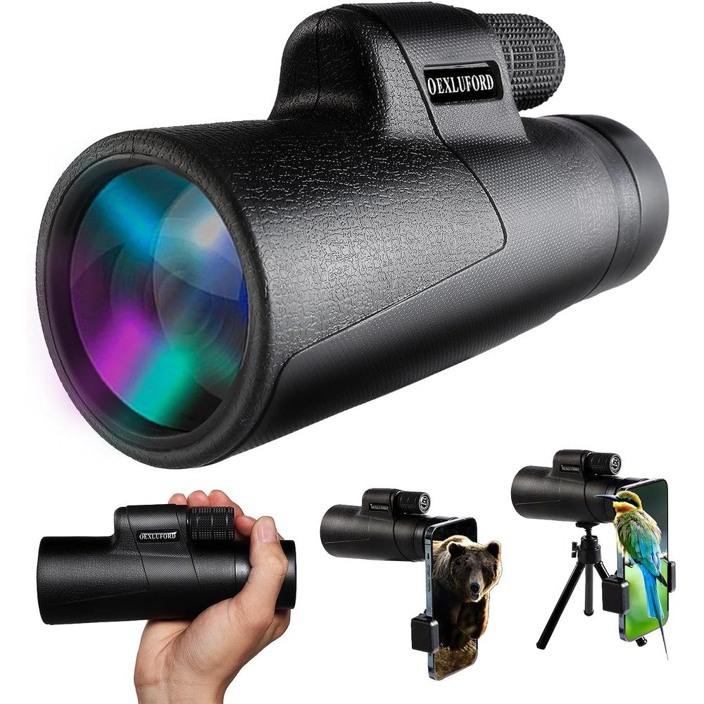 OEXLUFORD 80X100 high power monocular telescope front view showing the large objective lens.