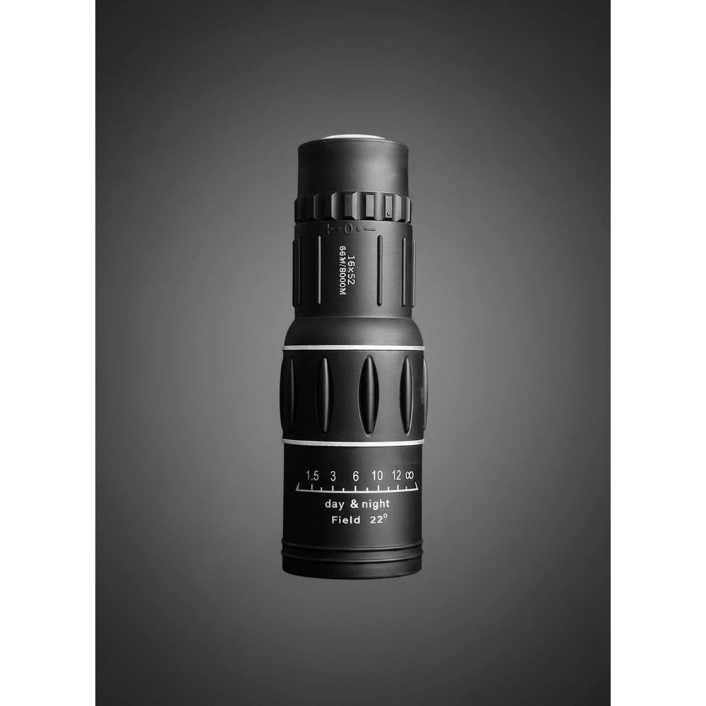 SLSFJLKJ 16x52 high power monocular telescope front view showing the large fifty-two millimeter objective lens.