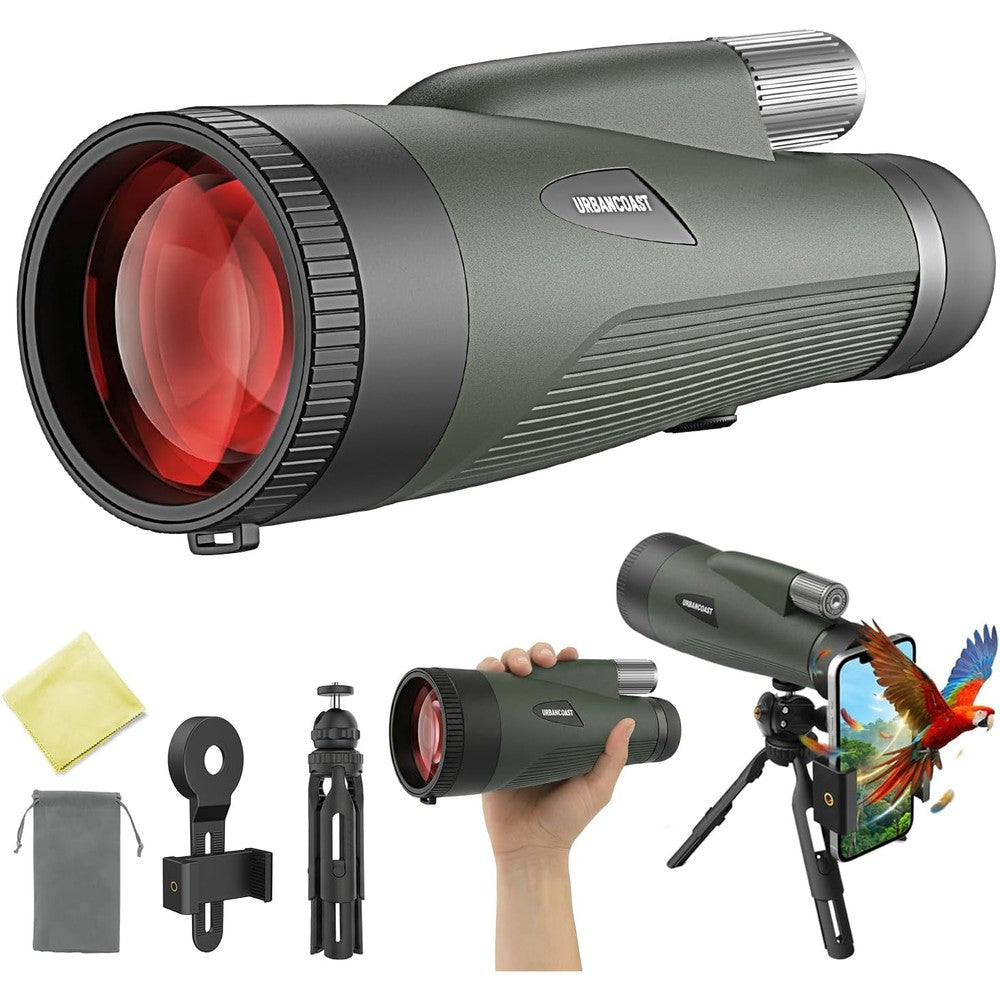 URBANCOAST 15x65 high powered monocular telescope front view highlighting the large objective lens