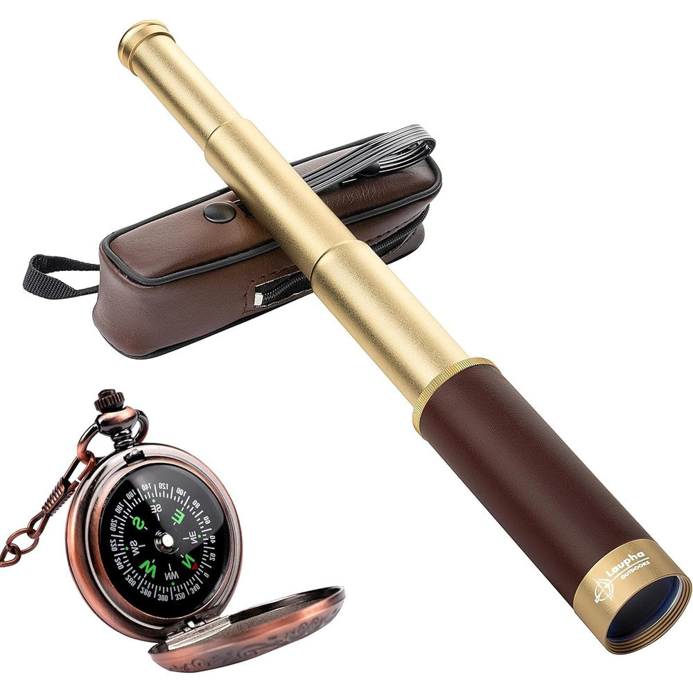 Laupha Retro Pirate Telescope 25x30 spyglass front view showing brass finish.