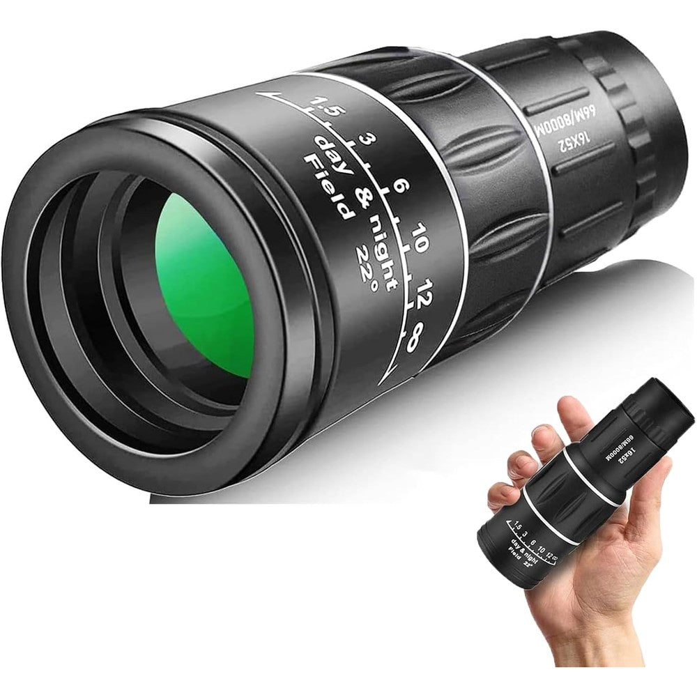 Sihea mini monocular telescope front view highlighting the fifty two millimeter green coated objective lens
