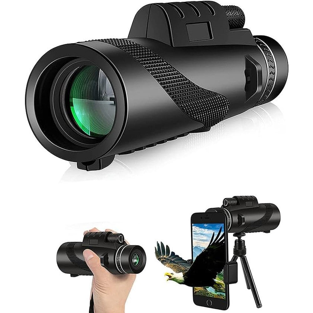 HAYCHE 80x100 HD monocular telescope front view displaying the premium green coated objective lens