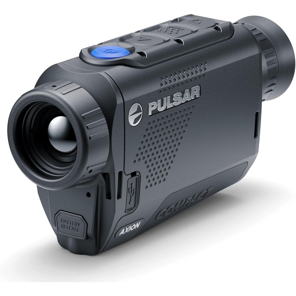 Pulsar Axion XQ19 Compact Thermal Imaging Monocular front view showing the premium objective lens.