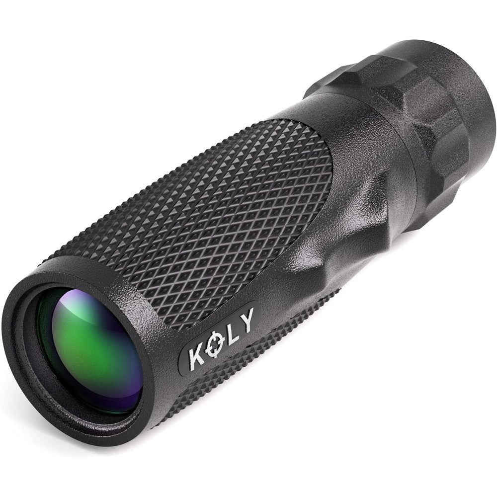 Koly BAK-4 Prism 10X25 Monocular Telescope front view showing the compact lens design and black rubber body.