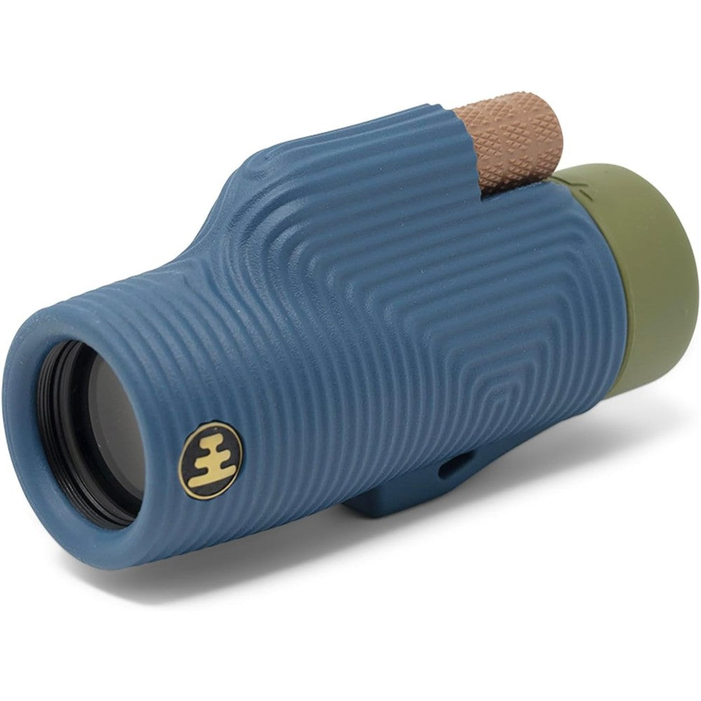 Nocs Provisions Zoom Tube 8x32 monocular telescope front view in indigo blue color showing objective lens