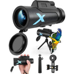 HuaZiChok high power HD monocular telescope kit showing the front objective lens and textured grip housing
