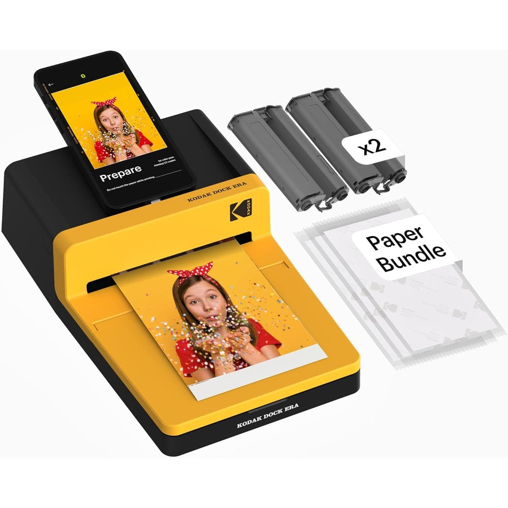 KODAK Dock ERA Plus 4PASS Instant Photo Printer front view showing smartphone docking station and printed photo.