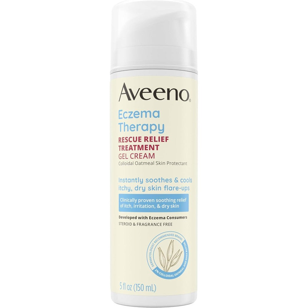 Aveeno Eczema Therapy Rescue Relief Treatment Gel Cream front view of five fluid ounce tube for dry skin relief.