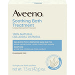 Aveeno Soothing Oatmeal Bath Treatment front view box of eight single use packets for sensitive skin relief