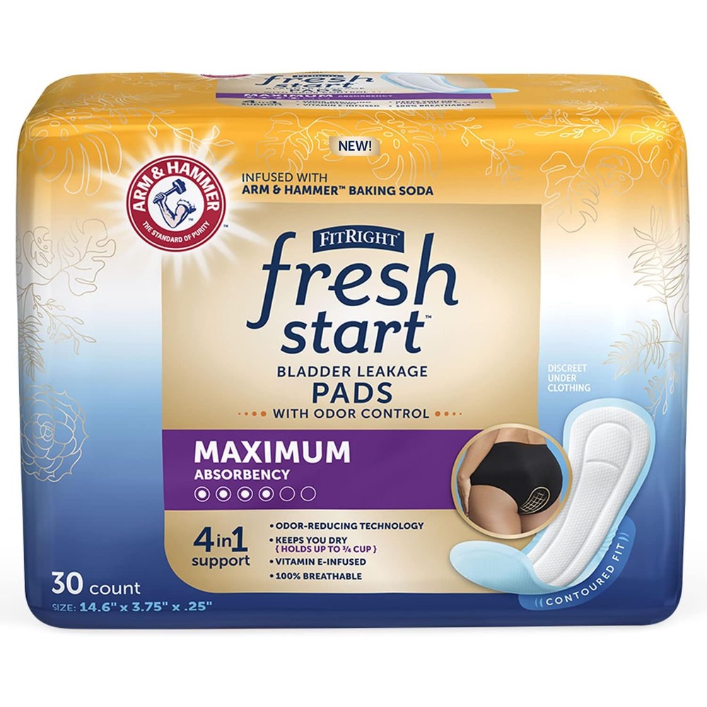 Fresh Start FitRight postpartum and incontinence pads front packaging view featuring maximum absorbency details