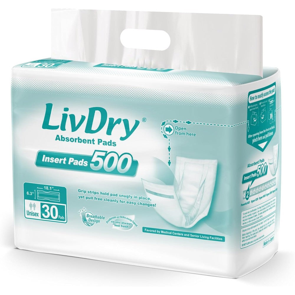 LivDry Incontinence Pad Inserts 30 Count front view package for adult bladder control.