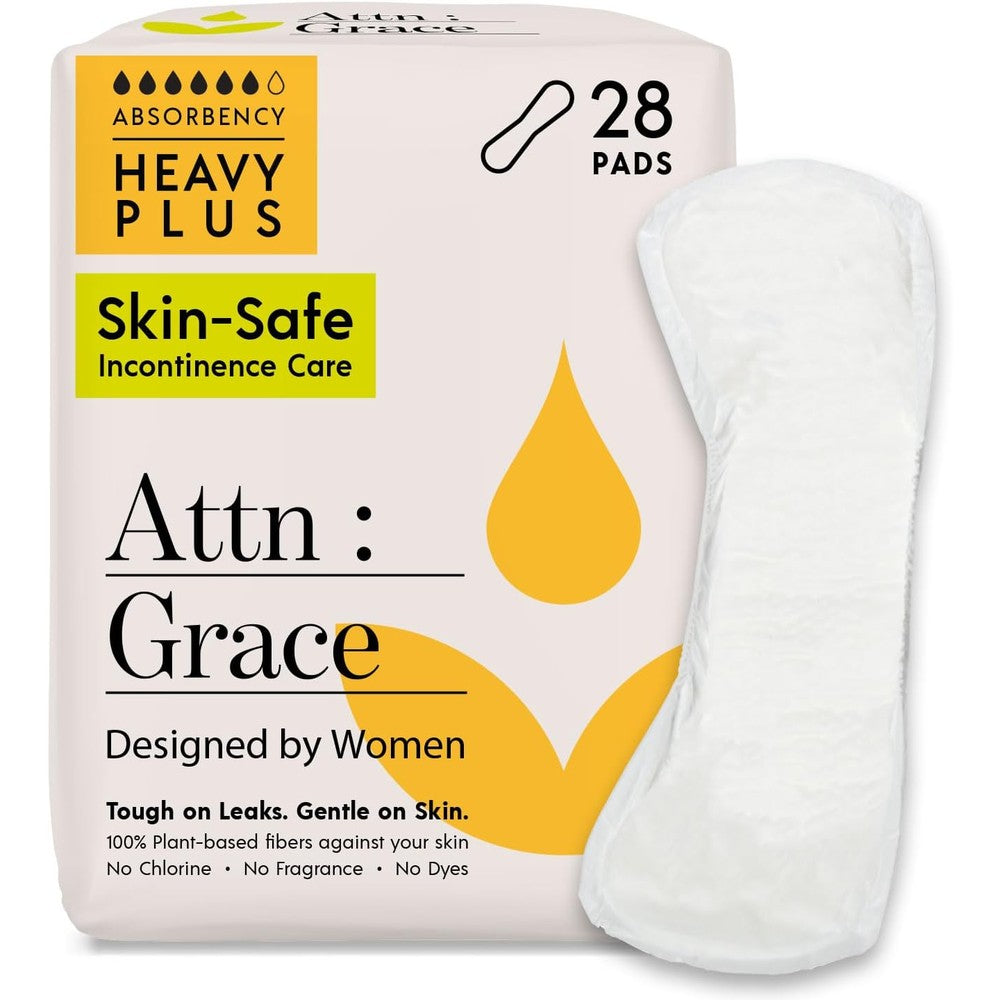 Attn: Grace Heavy Plus Incontinence Pads 28-Pack front view showcasing the clean plant-based product packaging.