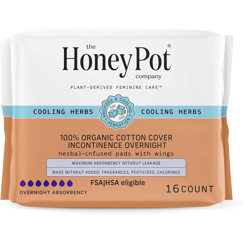 The Honey Pot Company Herbal Infused Overnight Incontinence Pads 16 Count front packaging view