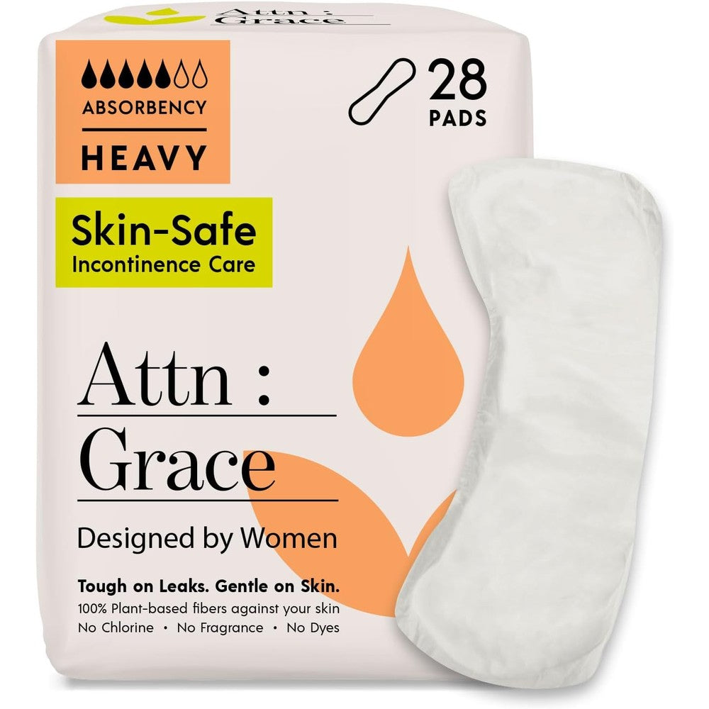 Attn Grace Heavy Incontinence Pads for Women 28 pack front packaging view showing plant based branding
