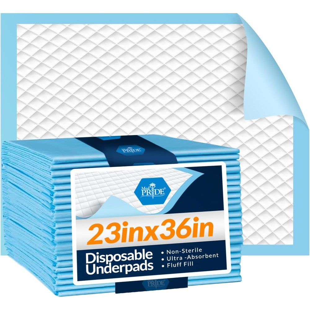 MED PRIDE Disposable Underpads 25 count front package view showing authentic imported protective bed covers
