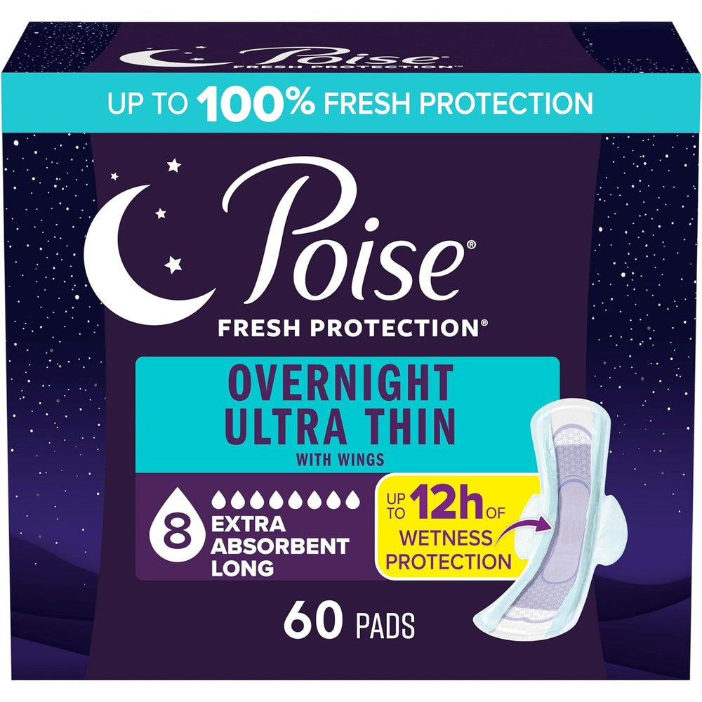 Poise Overnight Ultra Thin Incontinence Pads 60 Count front package view showing 8 Drop extra absorbent rating